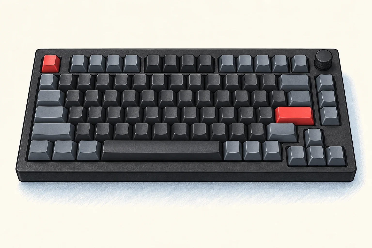 Illustration of a compact dark mechanical keyboard with a function row, arrow keys, and volume knob.