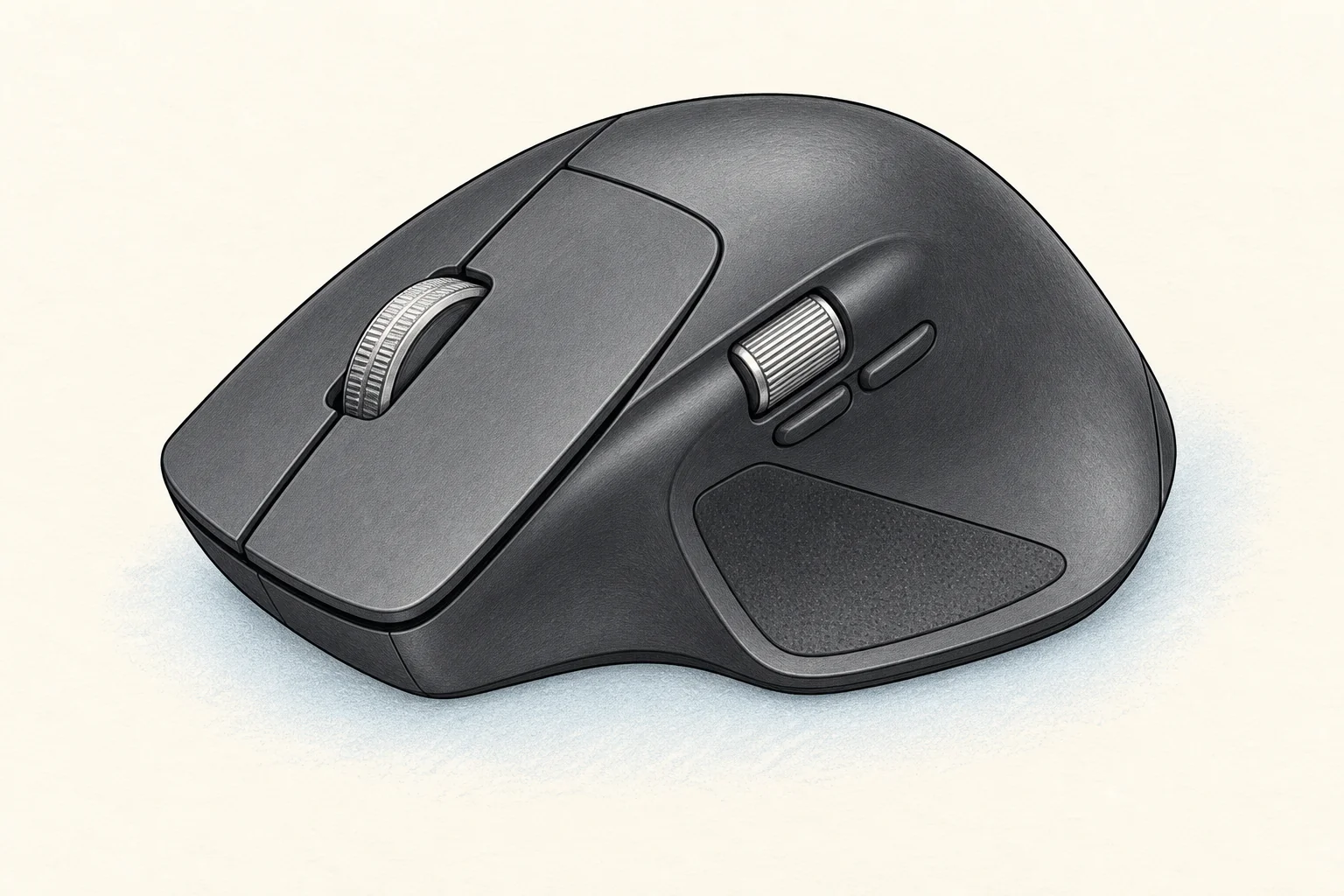 Illustration of a sculpted office mouse with two scroll wheels and a thumb rest.